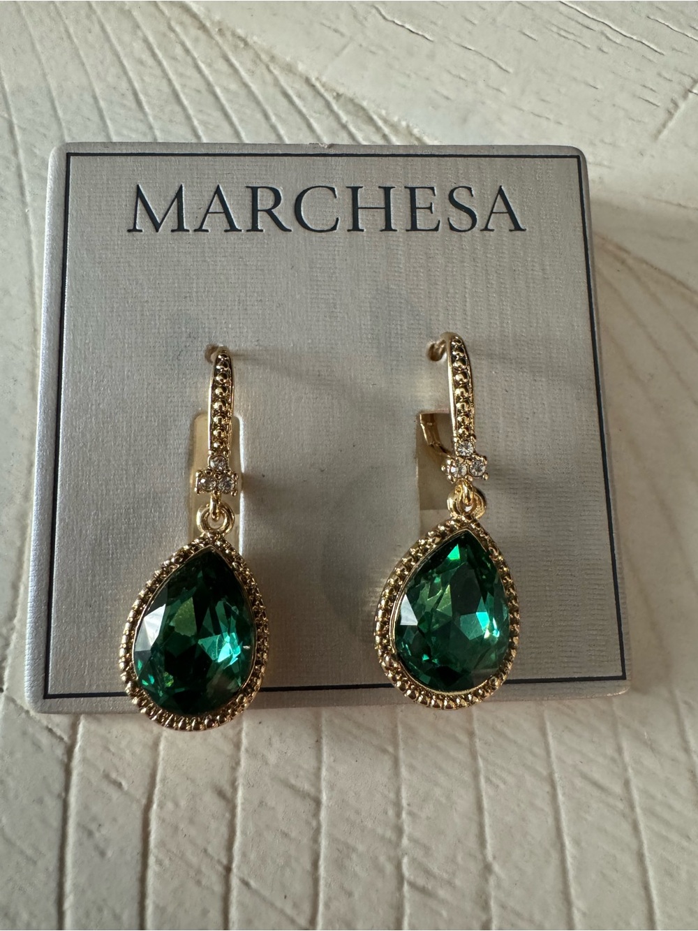 Marchesa Gold-tone Earrings with Deep Green Teardrop Crystals